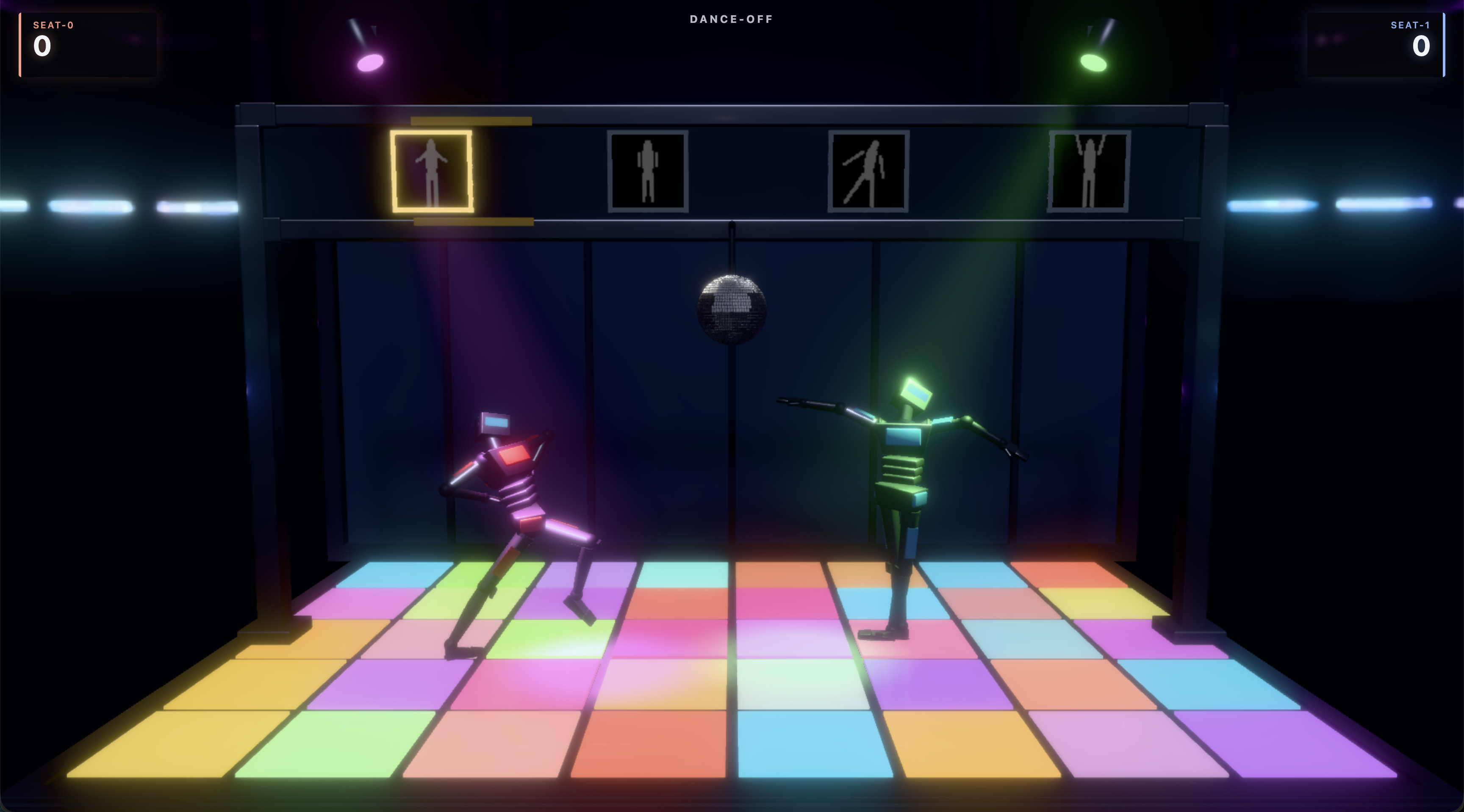 Two articulated agents performing inside Lockstep's Dance Off simulation